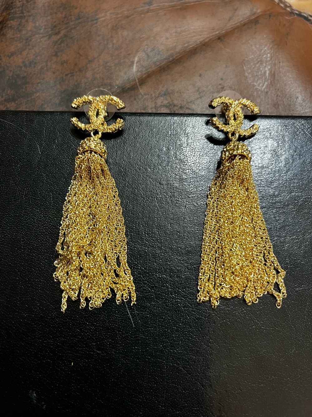 Double C Designer Gold Tone Chandelier Dangle Drop Logo Earrings